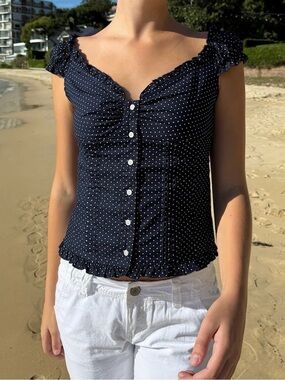 Brandy Melville Elena Top Navy/White Polka Dot Button-Up Ruffle